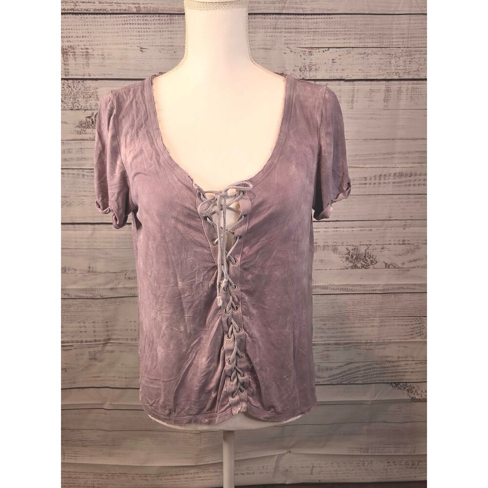American Eagle Soft & Sexy Mauve Ruched Button V-Neck Babydoll Top L